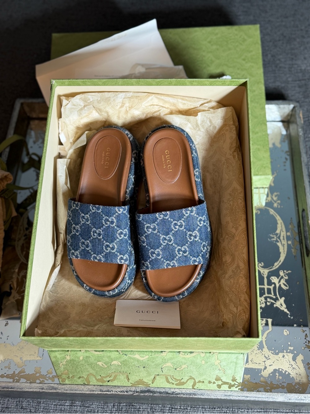 Gucci Denim GG Canvas Brown Leather Slide Sandals